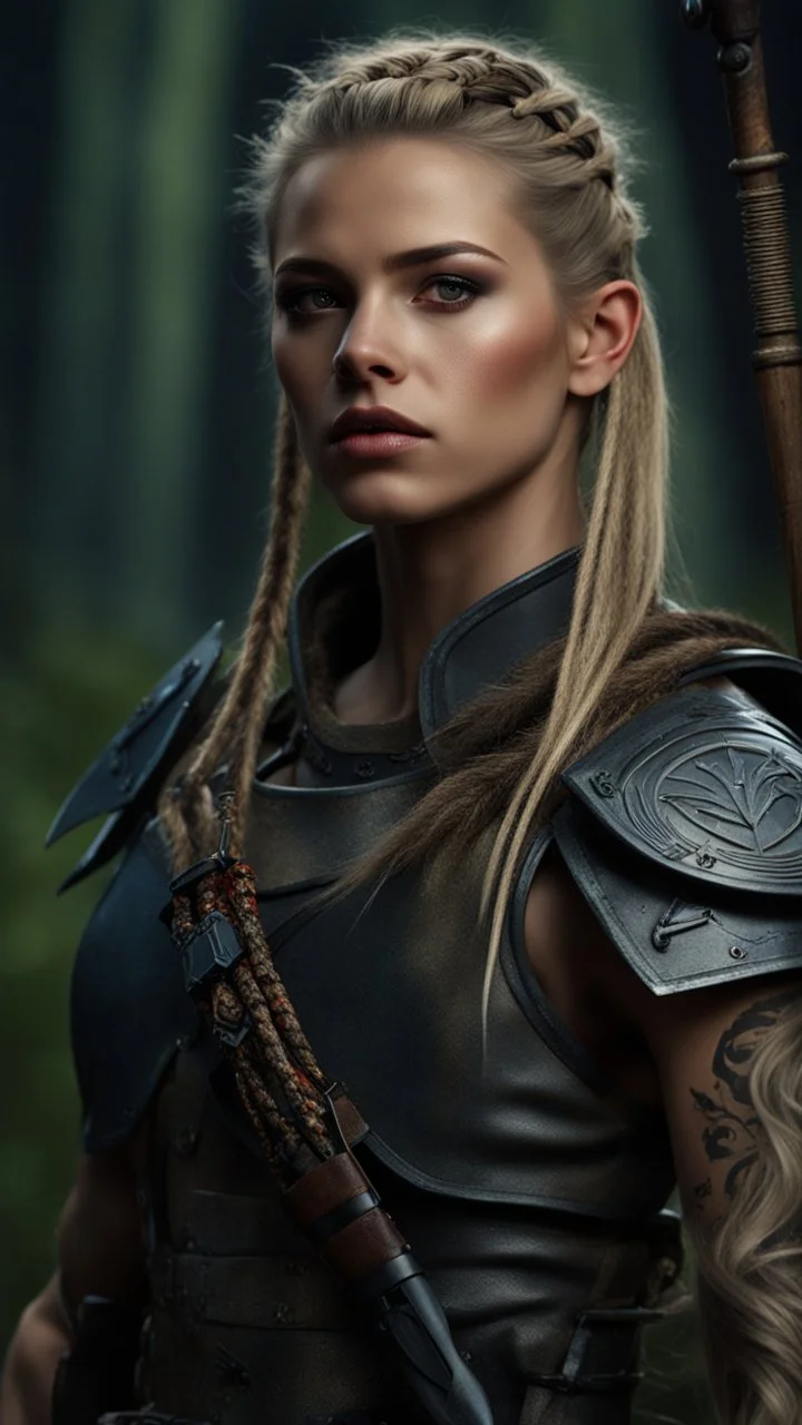 photorealistic hyperdetailed portait of an 18-year-old female as mercenary with long blonde and undercut hair with braids, tribal tattoos wearing modern mercenary uniform dark fantasy forest backdrop