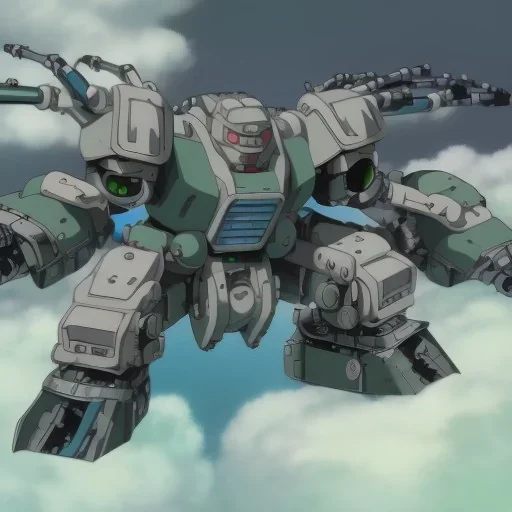 mecha with tracks for a tank. His body is armor and his hands are machine guns. The robot head has animal as a driver.