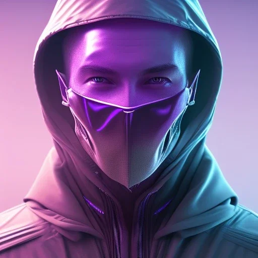 purple galaxy masked hooded super villain, weapons in hands, teal and purple smoke, full portrait, hyper realistic, 4k