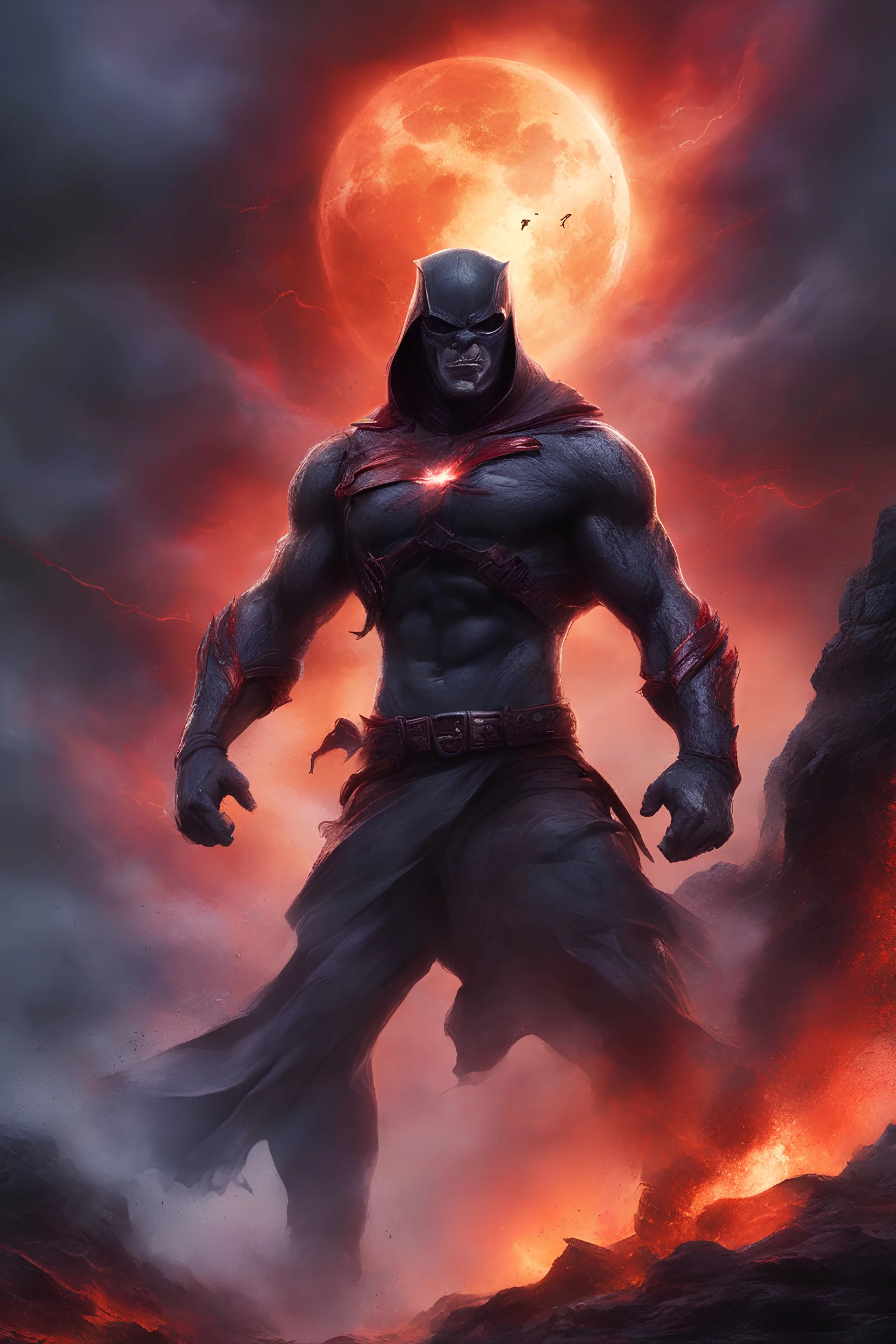 the Phantom, Strong, athletic physique, action poses, battle scars, blood, foggy, cloudy background, multicolored lightning, flowing lava, Full Eclipse, aliens, explosions, bright, vibrant, extremely colorful, detailed, blood red skies