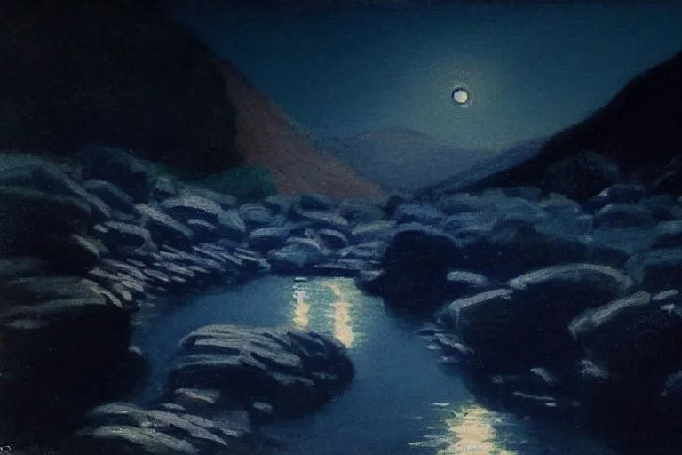 Night, moon, mountains, vegetations, sand, stream, rocks, philip wilson steer impressionism painting