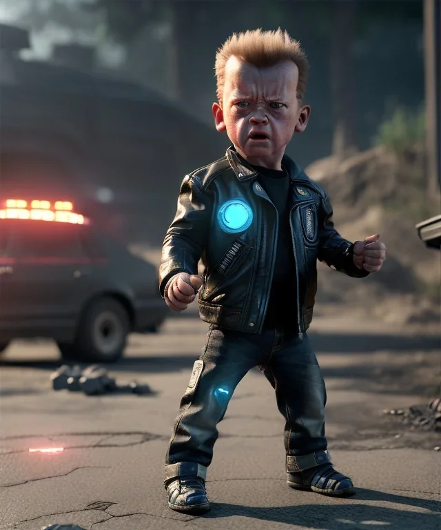 The Terminator toddler, full body, dramatic lighting, angry, hyper realistic