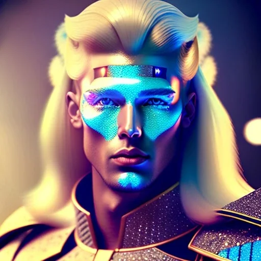 Handsome galactic knight, glitter blue and white prince suit with jewels, long blond hair, blue eyes, cinematic lights, unreal engine 5, 4k, high details