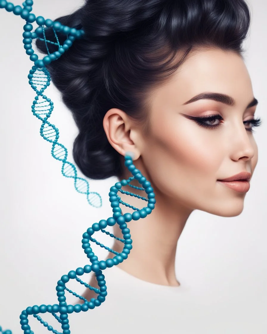 a woman smiling face, close eyes, pastel peach colors, DNA molecule hair thread imitation