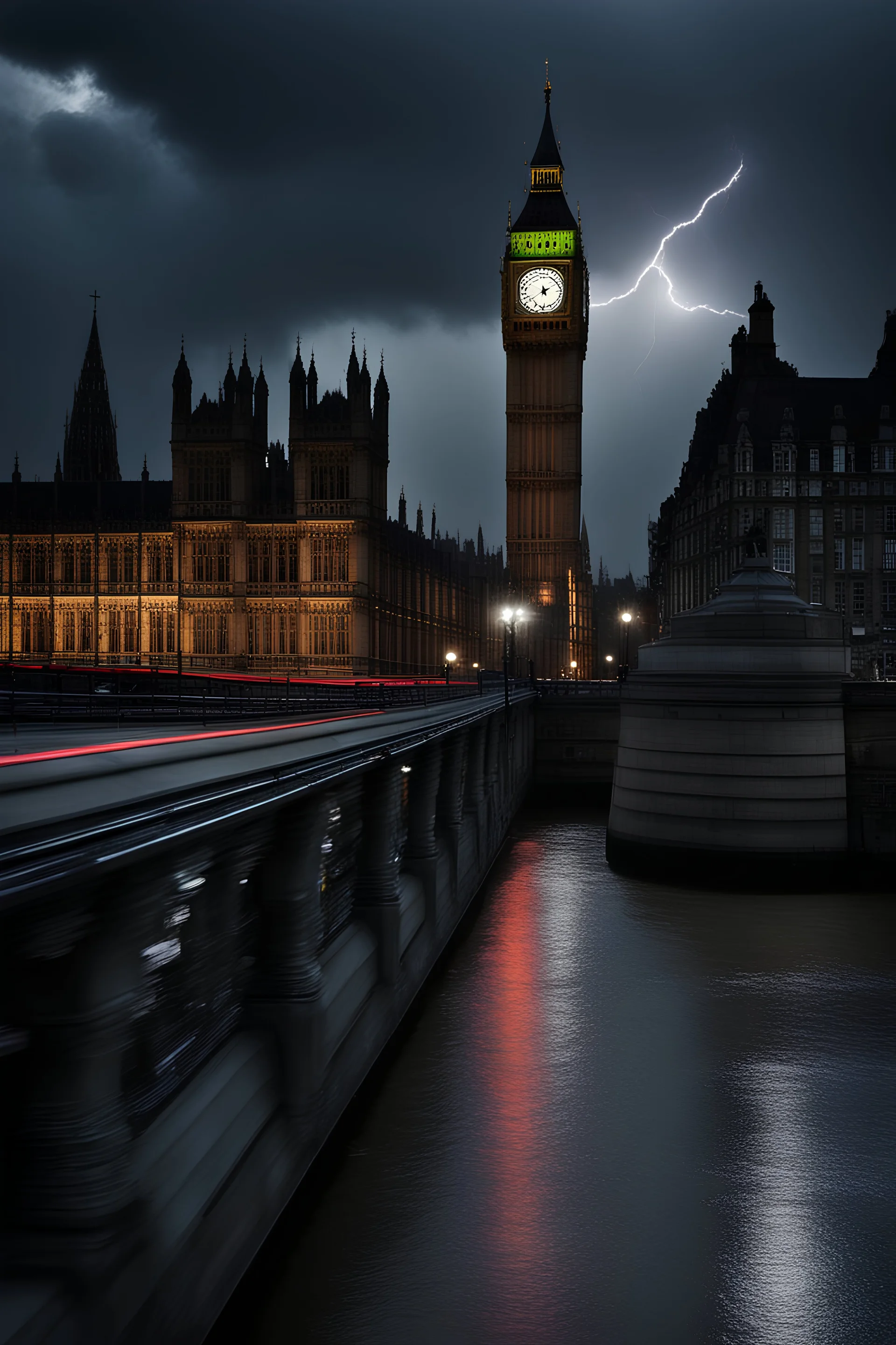 London, far shot of big ben being hit by lightning, no people, view from bridge