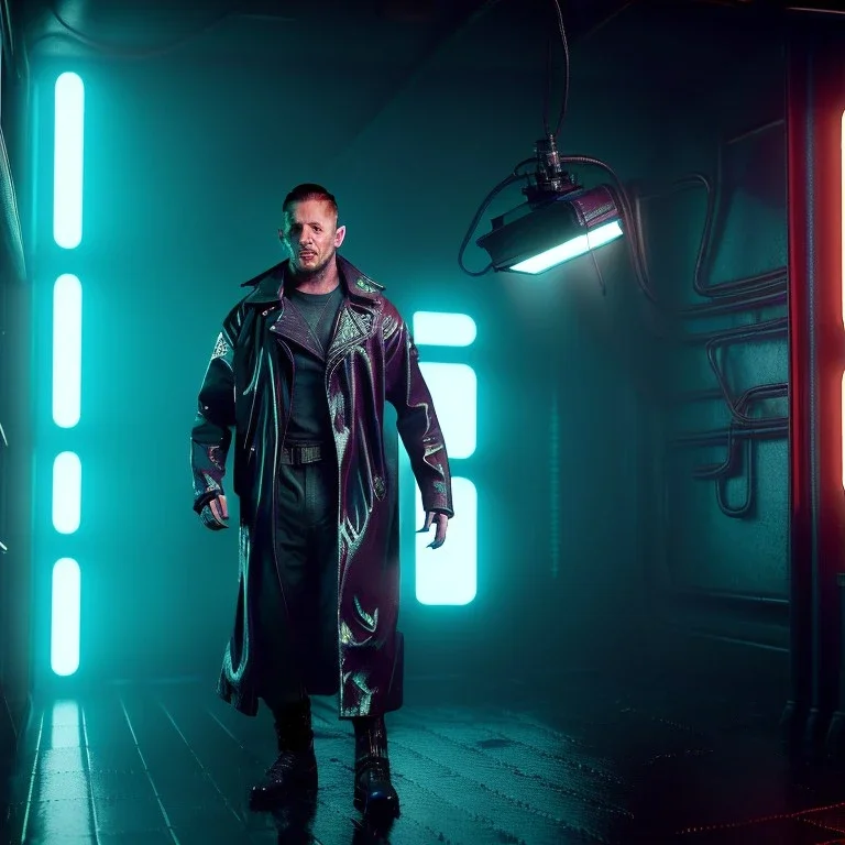 Actor, tom hardy, blade runner style, rain, fog, neon ambient, gradient color, clean skin, circuits, latex coat, cyber punk, neon, tubes, portrait, studio photo, unreal engine 5, smooth color, 16 bit, god lights, ray tracing, RTX, lumen lighting, ultra deatail, volumetric lighting, 3d, finely drawn, hd.