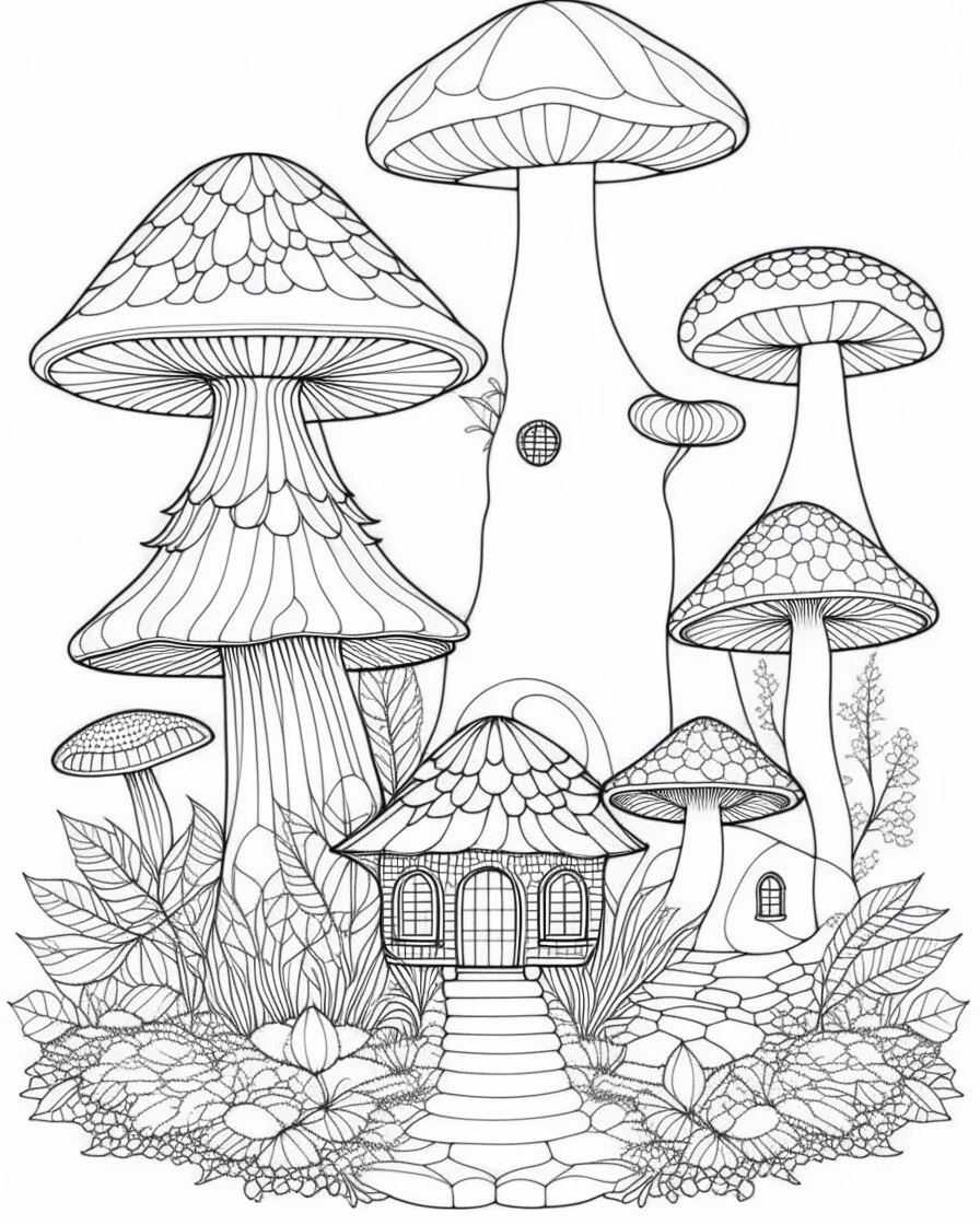 Coloring pages: A magical mushroom haven, complete with whimsical fairy houses and enchanting toadstools.