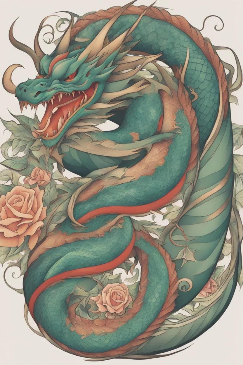 thigh stylized dragon tatoo, stylized snake tatoo wrapped in the things, leg focus, thigh focus