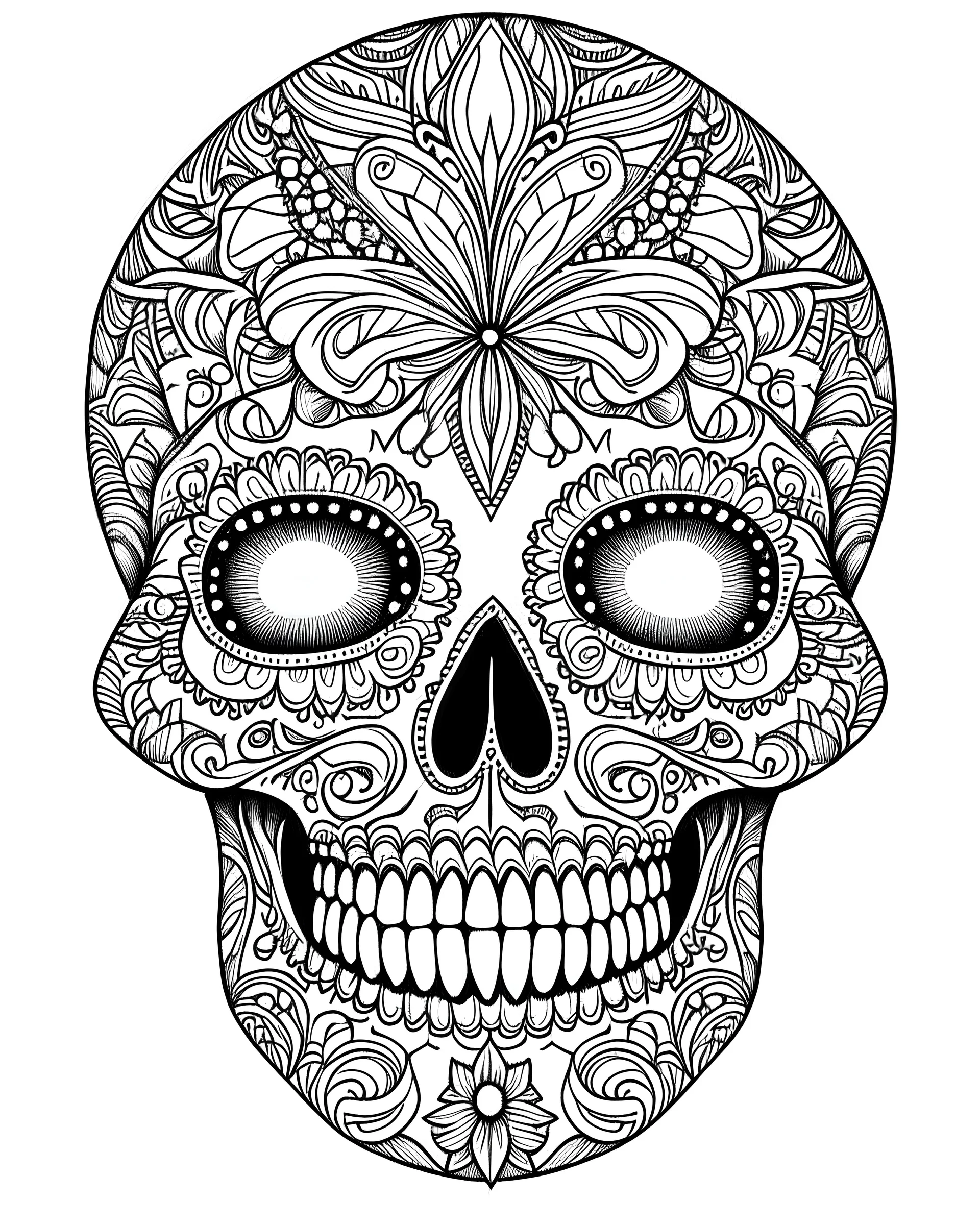 fairy skull, "Intricate Calavera Designs", full view, realistic face, coloring page, only draw lines, coloring book, clean line art, –no sketch, color, –ar 3:4, white background, minimalistic black lines, minimal black color, low level black colors, coloring page, avoid thick black colors, thin black line art, avoid colors, perfect shape, perfect clear lines,