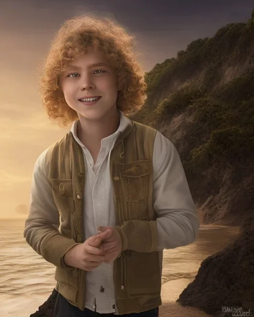 full length photograph of a beautiful 12 year old boy with long, blonde curly hair and light blue eyes, smiling, in front of a beach in sunset, highly detailed, smooth, photorealistic, digital art, HDR