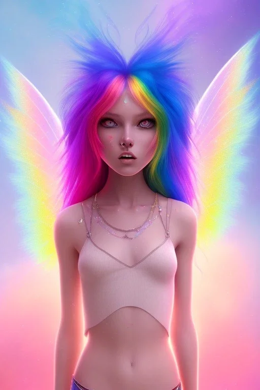 girl, cute, beautiful, long hair, rainbow hair, rainbows, fairy wings, light