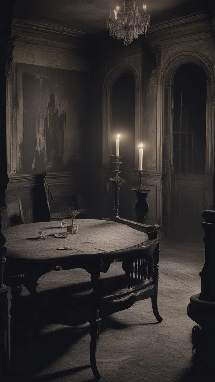 Generate an image of the interior of a haunted castle with dilapidated furniture and dim candlelight, capturing the haunting ambiance of 'Diabel' (1972). Include subtle ghostly apparitions or spectral figures