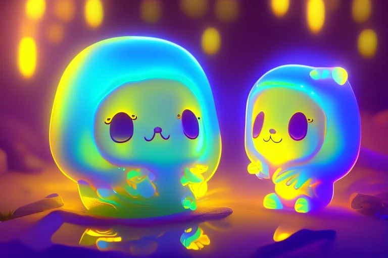 cute chibi slime radiant golden glow in mystical bioluminescent forest , highly detailed , cute facial features , 3D reflections