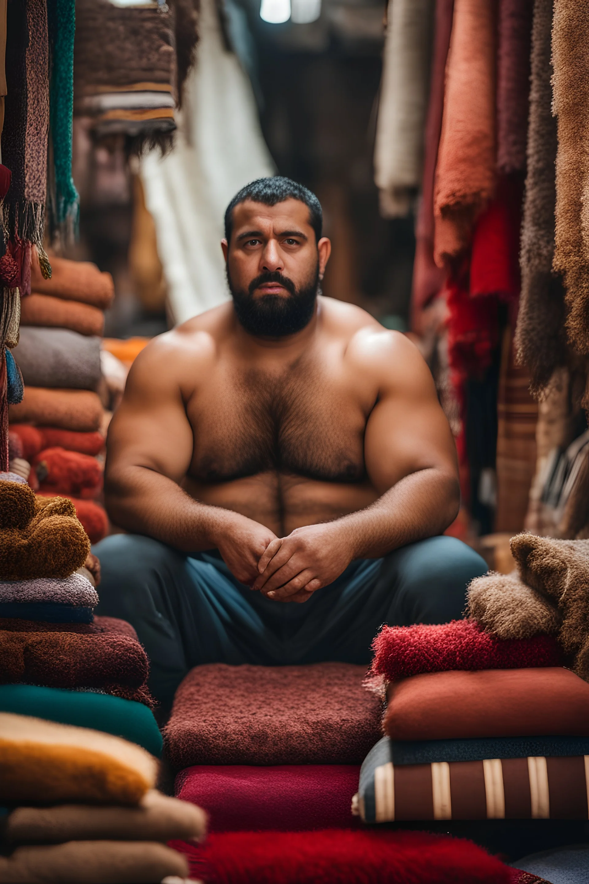 close up photography of a burly beefy strong 35-year-old arab in Istanbul bazaar, shirtless, selling carpets sitting on a pile of carpets, biig shoulders, manly chest, very hairy, side light, view from the ground