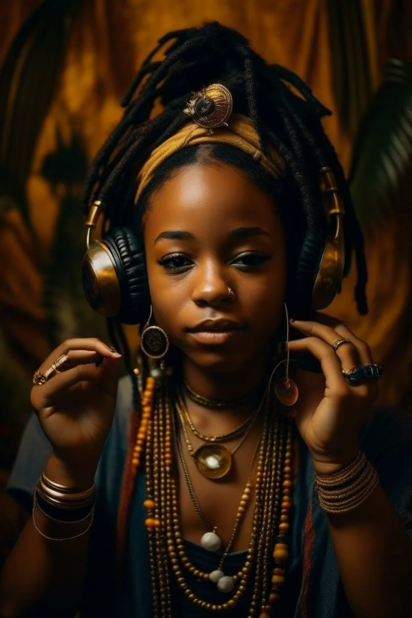 earthy black young woman listening to music with small old school headphones, soul, peace, majestic, earthy colours, at peace, happy, incense, jewels, bands, natural, old school headphones, blasian eyes, incense, very dark skin, crystals, gold arm bands, locs with beads, no hands