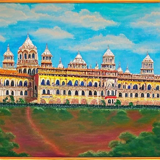 mysore palace under coulds in tibetian painting style