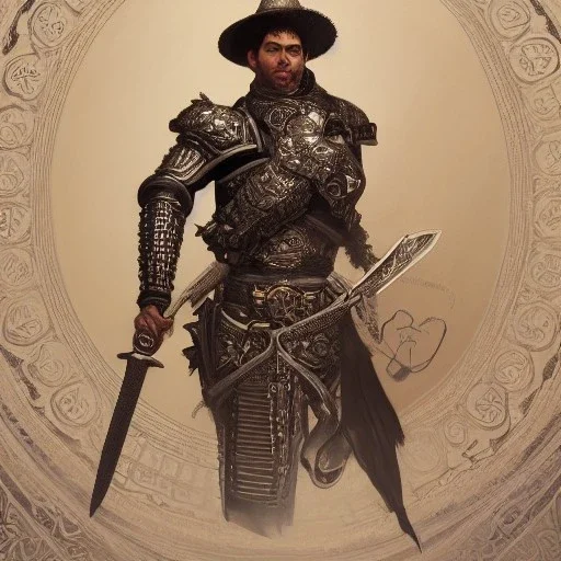 portrait,"Insanely detailed photograph of an armored mariachi warrior with sword", intricate charo,large Sombrero,elegant, detailed D20 flair, digital painting, artstation, concept art, smooth, sharp focus, illustration, art by artgerm and greg rutkowski and alphonse mucha, 8 k