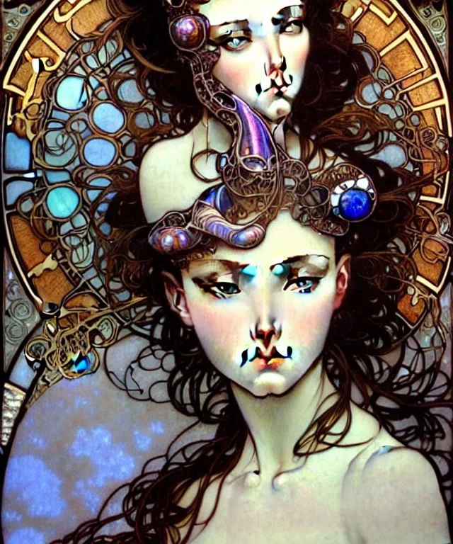 Realistic detailed face portrait of a beautiful young woman top model in opus design lent alien glass armor by alphonse mucha, ayami kojima, greg hildebrandt, and mark brooks, sensual female, feminine, ornate italian renaissance, iridescent venetian blown glass, neo - gothic, gothic, character concept.