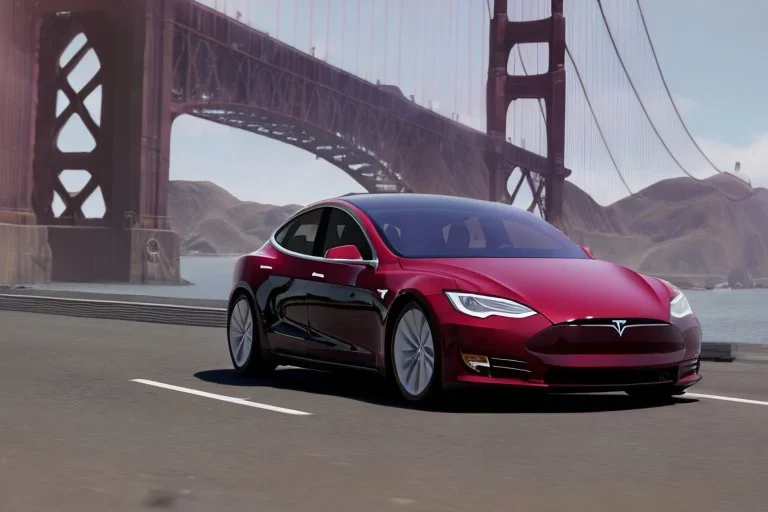 A Tesla 'Model Y' is drifting at high speeds, on the 'Golden Gate' bridge. (CINEMATIC, WIDE ANGLE LENS, PHOTO REAL)