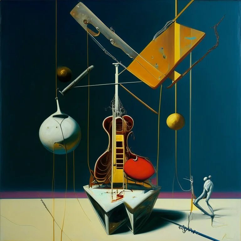 Abstract painting formed by a mix of human flesh-like surgical instruments and universe-like neuralink,strange musical instruments,minimalism,Painting By Adrian Ghenie, Rene Magritte, Salvador Dali, Lucian Freud