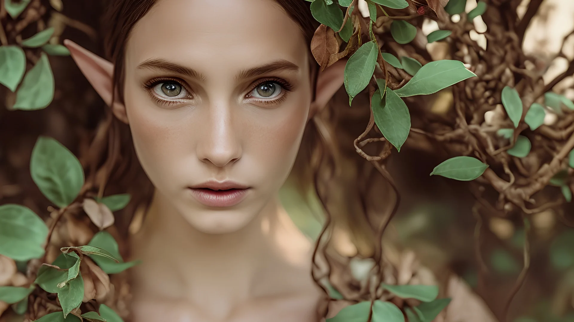photoreal close-up wide-angle shot from above of a gorgeous elf goddess in decorated treehouse by lee jeffries, wearing a head scarf with many colours like a natural Diadem dissolving with her head, glowing skin, detailed tribal make up, in a dense foggy rainforest, intense focus as leaves are swirling around her, intense lighting, otherworldly creature, in the style of fantasy movies, shot on Hasselblad h6d-400c, zeiss prime lens, bokeh like f/0.8, tilt-shift lens