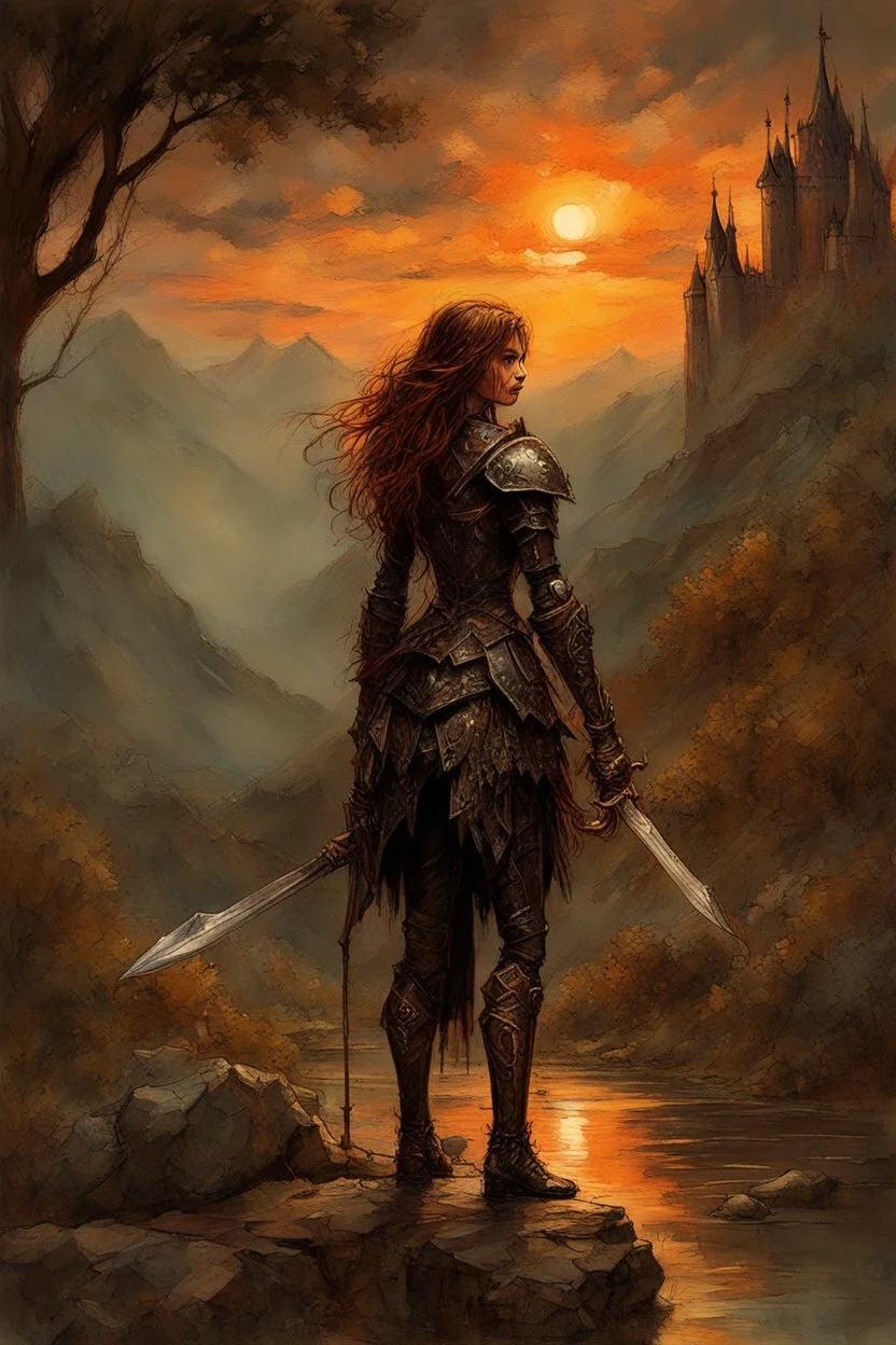 A formidable warrior girl in black armor, on the background Amazing gloomy landscape, flooded with sunset, mountains, trees, fabulous scary hero, , juicy emotions, painting, dark fantasy, gloomy day, dark world, portrait, Gothic Town At Night, Fantasy, Intricate Details, Castle Courtyard Gardens, Hyper Detailed, Jean Baptiste Monge, Carne Griffiths, Michael Garmash, Seb Mckinnon, Masterpiece