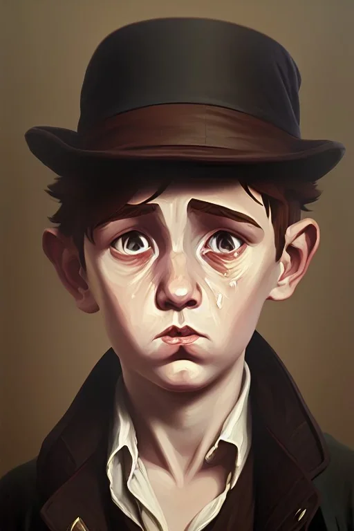 old oil painting, portrait of oliver twist, boy crying, oil on face, 1800s clothes, wearing tophat, realistic detail, factory and oil in background