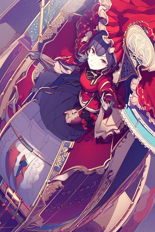 Ragazza vestita in stile Lolita rosso che cavalca un cavallo del Carosello, visione dinamica leggermente dall'alto, disegnata in stile Persona 3