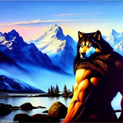 portrait of 'Werewolf',snow,mountains,River,ancient armor,painting by Earl Norem, simon Bisley,frazetta,西嘛哒, evan lee, Vallejo,kelly oil on canvas, cinematic composition, extreme detail,fit full head inside picture,8k