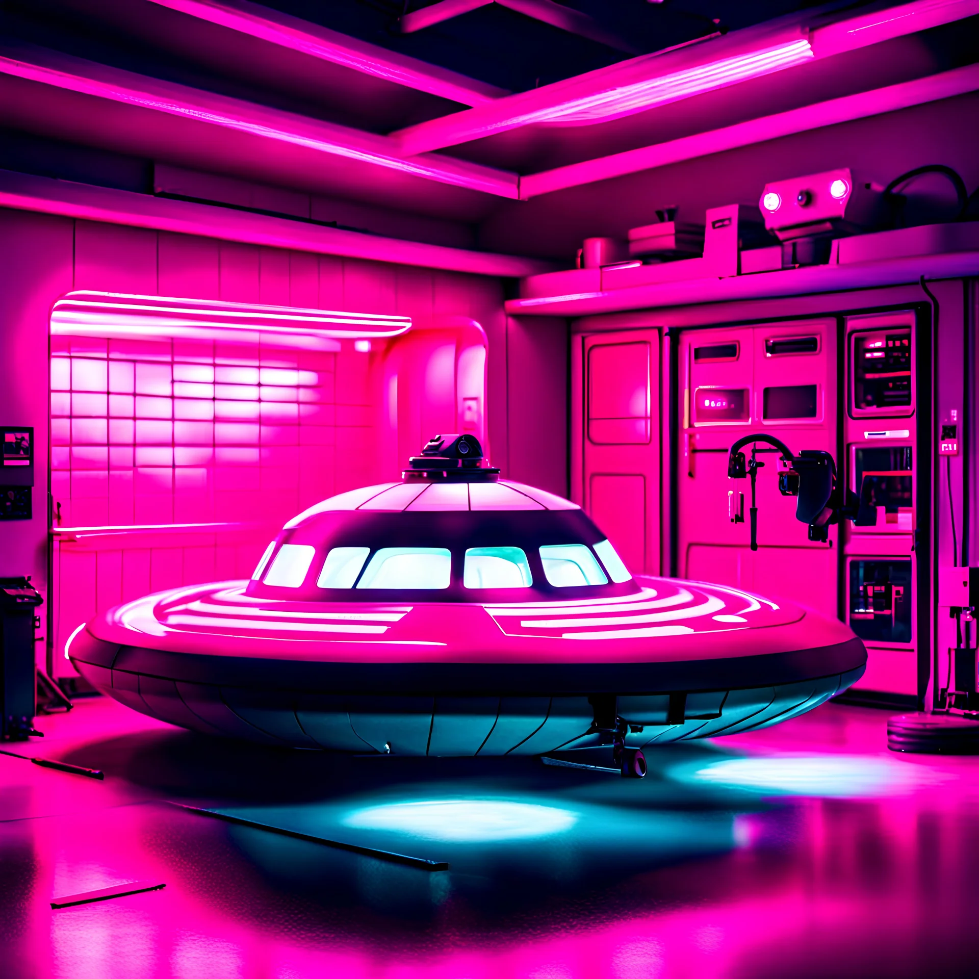 garage containing hovercraft, pink lighting