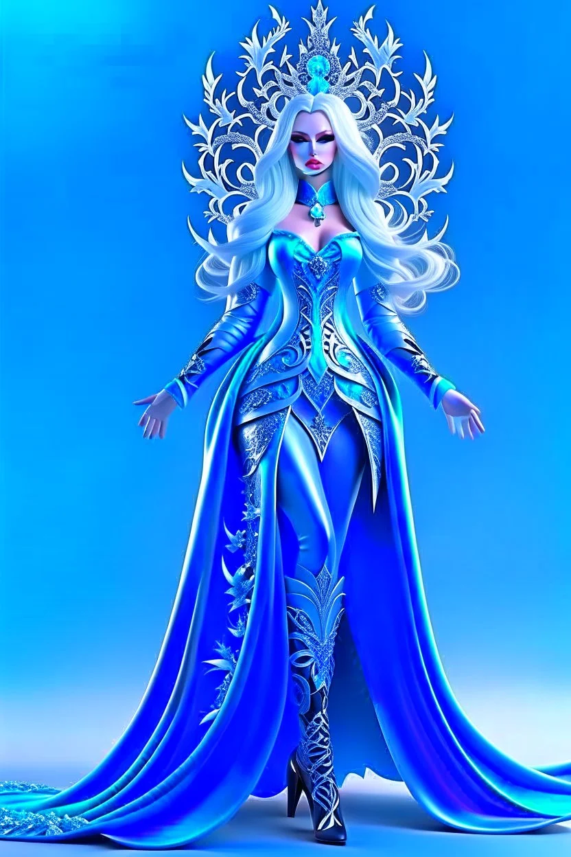 Full body de hermosa y malvada reina del hielo, pelo blanco, ojos azules luminosos, vestimenta intrincada, hiperdetallada, calidad ultra, increíble obra de arte, full body, piernas completas, pies completos