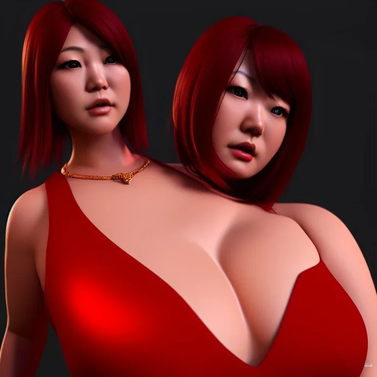 photo face and bust, 1 hitomi tanaka, red dress, highly realistic, highly detailed, octane render,