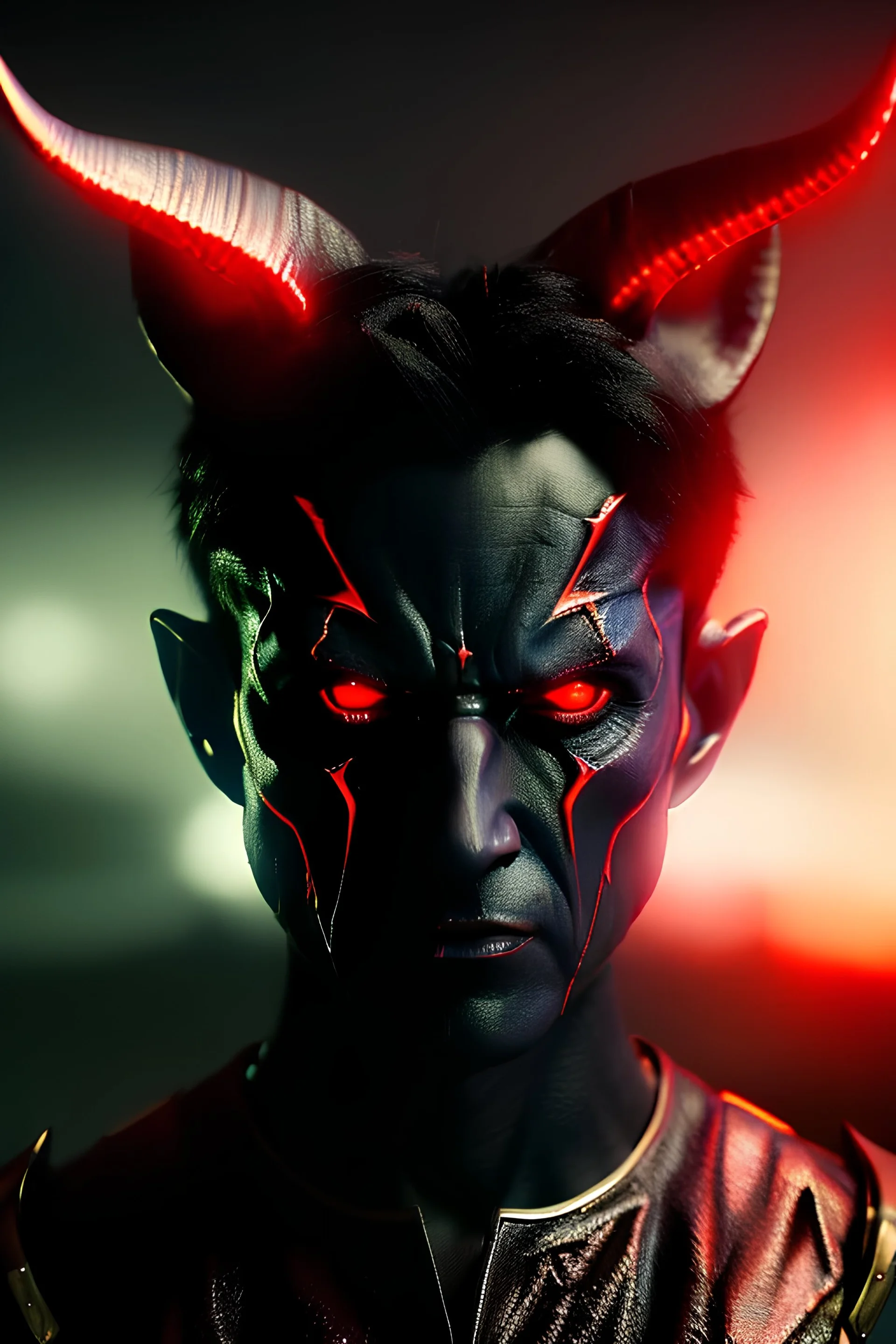 Demonic character, demon horns, demon tail, ominous, facepaint, waist up portrait, intricate, oil on canvas, masterpiece, expert, insanely detailed, 4k resolution, retroanime style, cute big circular reflective eyes, cinematic smooth, intricate detail , soft smooth lighting, soft pastel colors, painted Renaissance style