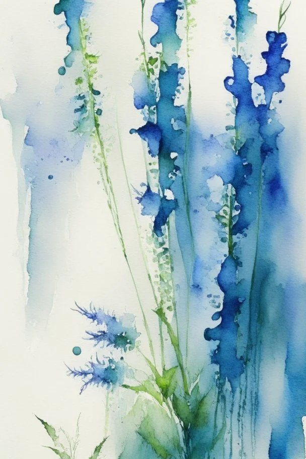Abstract wet watercolour, blue green stalks delphiniums, not cropped