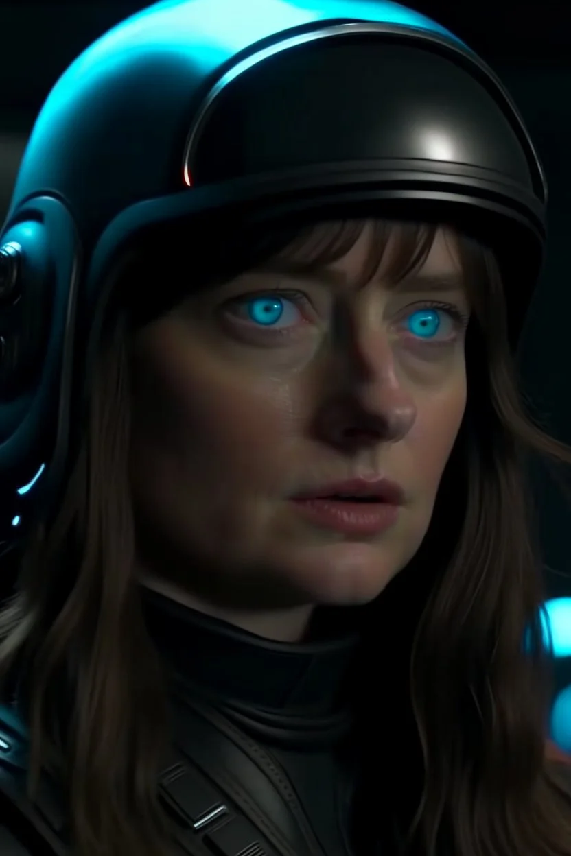 Dakota Johnson A commander wearing a matte black helmet with flaming eyes with flaming light blue pupils