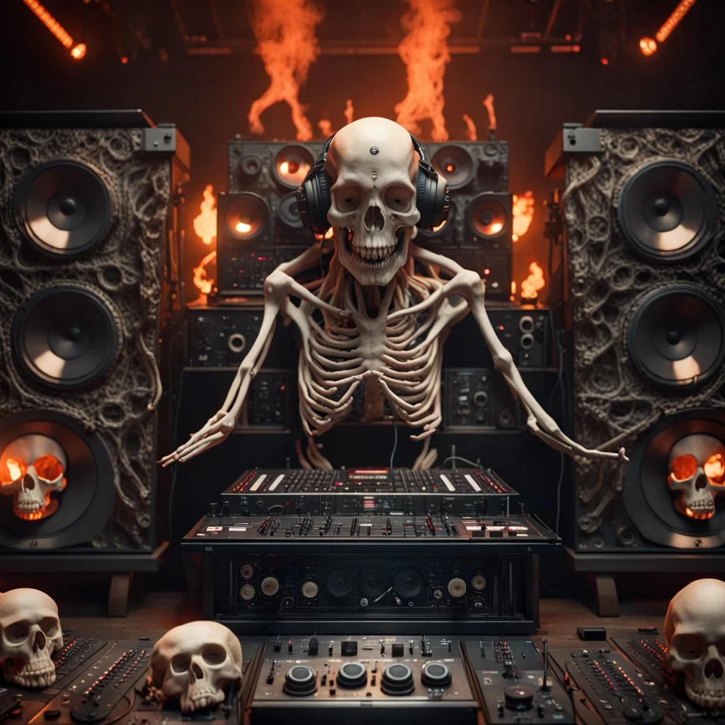 DJ of the damnded, insanely detailed DJ booth in hell, MID set, speakers and equipment made of bone, anatomically correct, add more skulls in th audience, photorealism, vray, 8k 3d