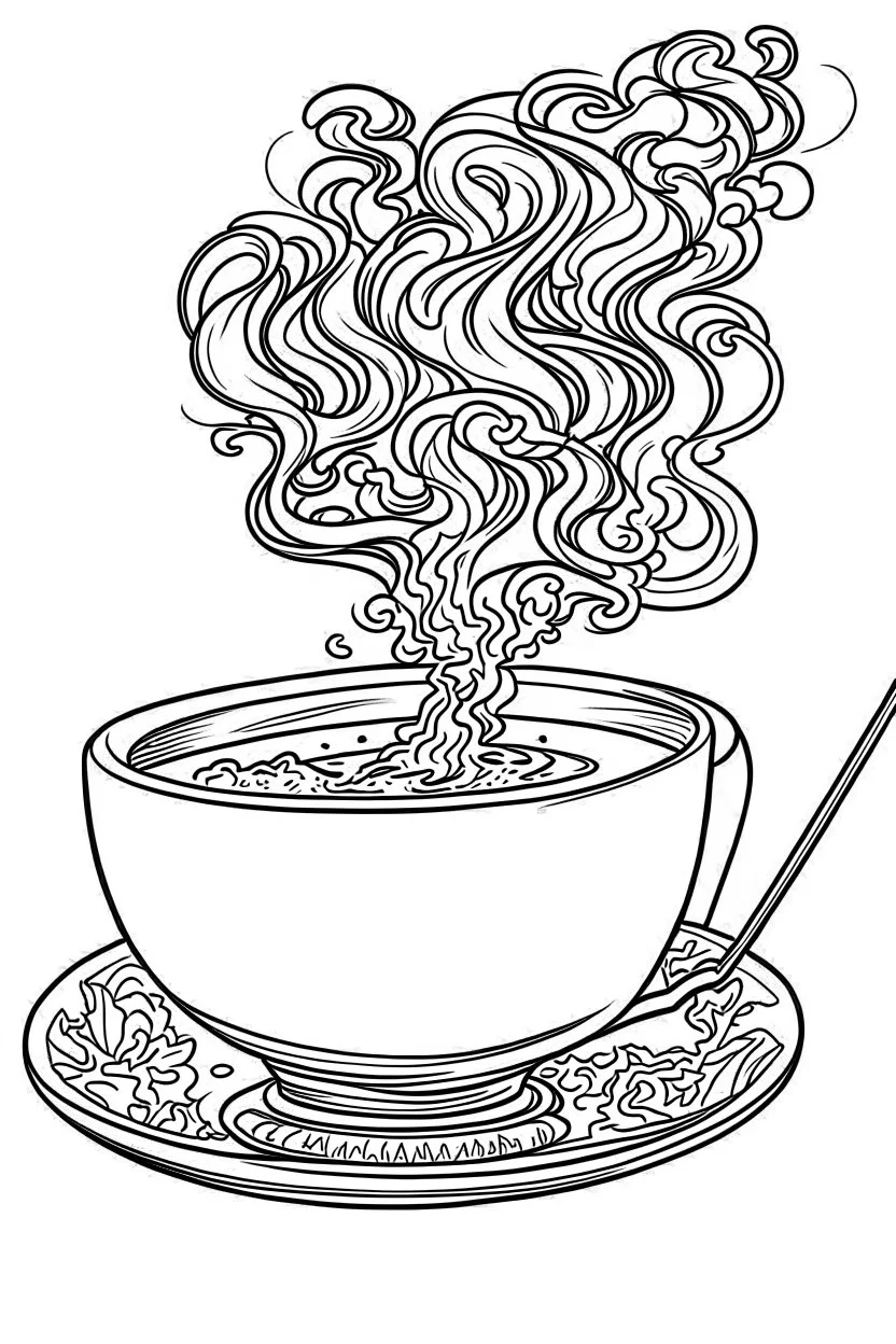 Outline art for coloring page, A JAPANESE CHAWAN TEACUP WITH A SHORT LIT CIGARETTE WITH WHISPS OF SMOKE LYING FLAT ON THE TEACUP SAUCER, coloring page, white background, Sketch style, only use outline, clean line art, white background, no shadows, no shading, no color, clear