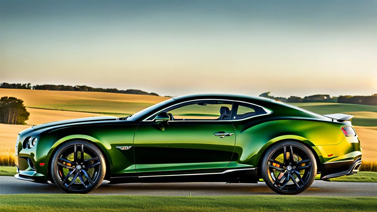 A sleek (((Bentley Camaro))), its iconic silhouette elegantly contorted, cutting through a (sunny, open field)