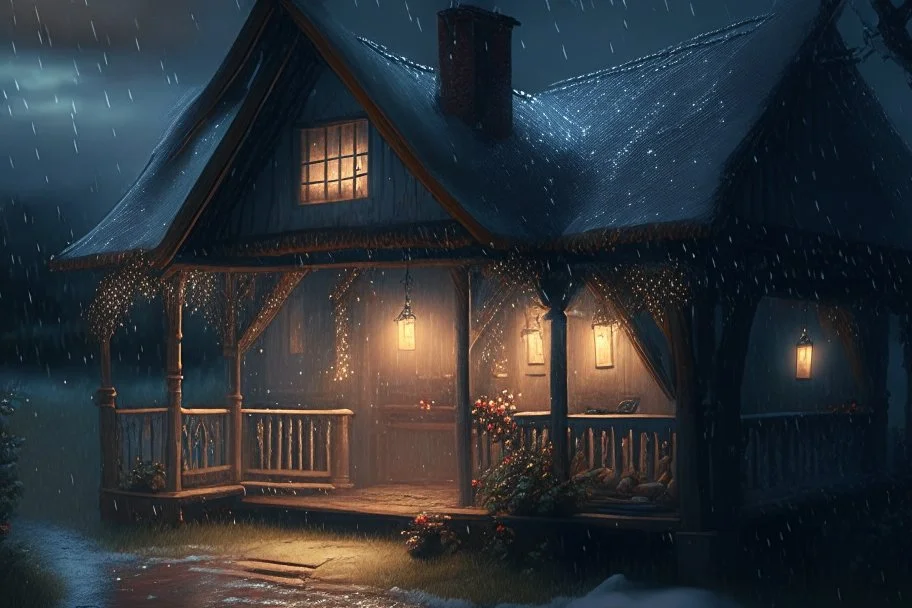 A cozy cottage porch in a storm with fairy lights hanging from the rafters detailed matte painting