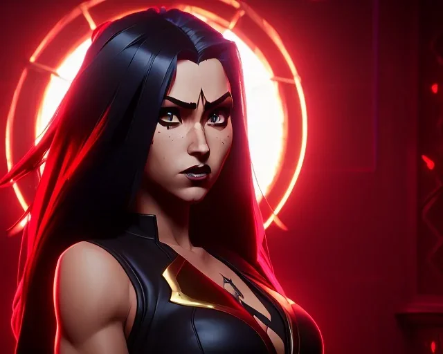 j.scott campbell, serena from mortal kombat, full body portrait, wearing black and red, big eyes, long black hair with red streak, small up turned nose, large breasts, small waist, round butt, standing, dark cobblestone alley, one halo light above, non photorealistic rendering