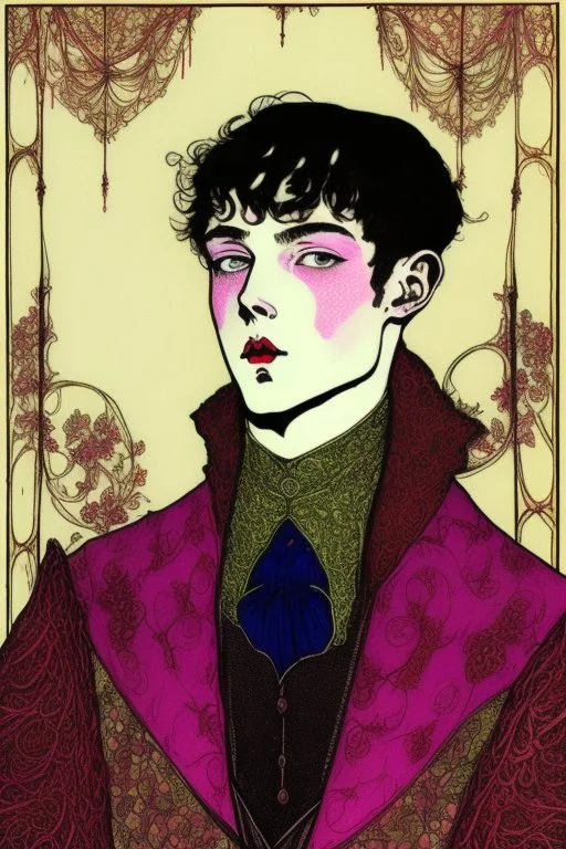 17 year old boy, pig-like facial features, dressed in noble clothes, friendly, with upturned nose, fanged underbite , in the style of Harry Clarke