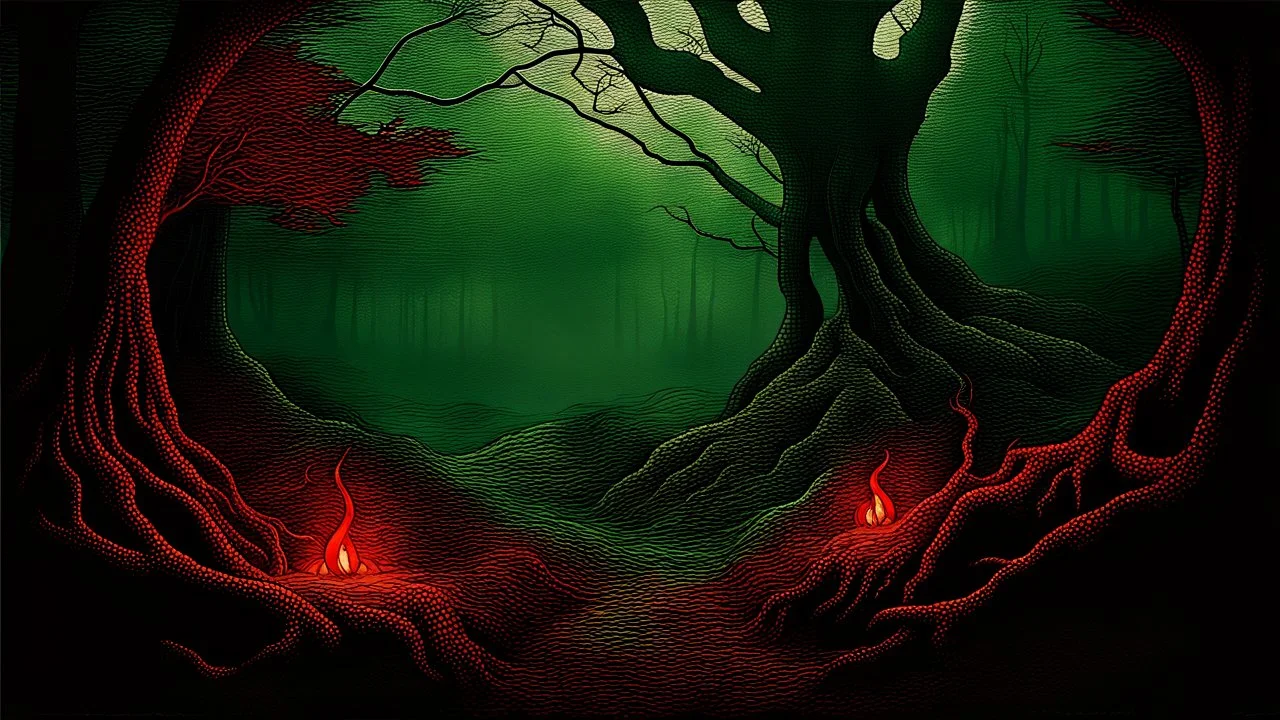 a crepy horror forest with shadows of the tall trees, tangled vegetation, twisting terrifying tendrils on earth and on trees, , autumn, moss, lot of firefly and mystic flame, fog, pale light, a grey rock with red blood, , masterpiece, dark fantasy concept art, intricately detailed, Splash screen art, trending on Artstation, deep colors, dark mystic vibe Professional photography, bokeh, natural lighting, canon lens, shot on dslr 64 megapixels sharp focus