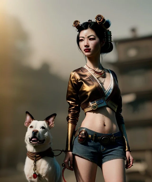 Ultra realistic, steampunk western party scene. Geisha Asian woman with dog-man, waist up view, dancing, happy, color smoke, highly detailed, concept art, unreal engine 5, god rays, ray tracing, RTX, lumen lighting, ultra detail, volumetric lighting, 3d, finely drawn, high definition, high resolution.