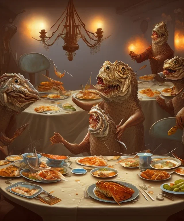 supper, fish sit at the table and eat pieces of people.