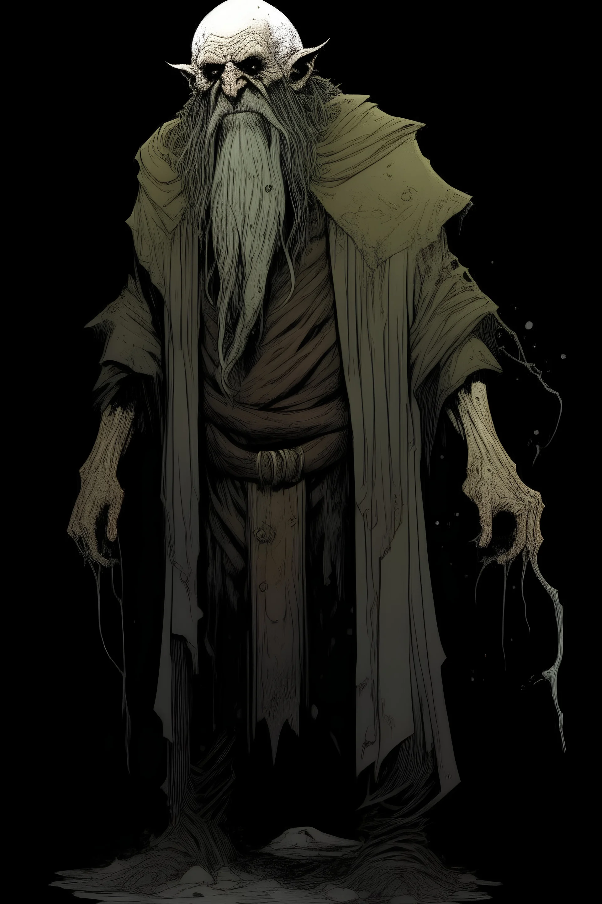 highly detailed character concept, full body illustration of a hardened, mindflayer dwarf, finely defined but decayed facial features, necrotic skin, in the comic book art style of Mike Mignola, Bill Sienkiewicz and Jean Giraud Moebius, , highly detailed, grainy, gritty textures, , dramatic natural lighting