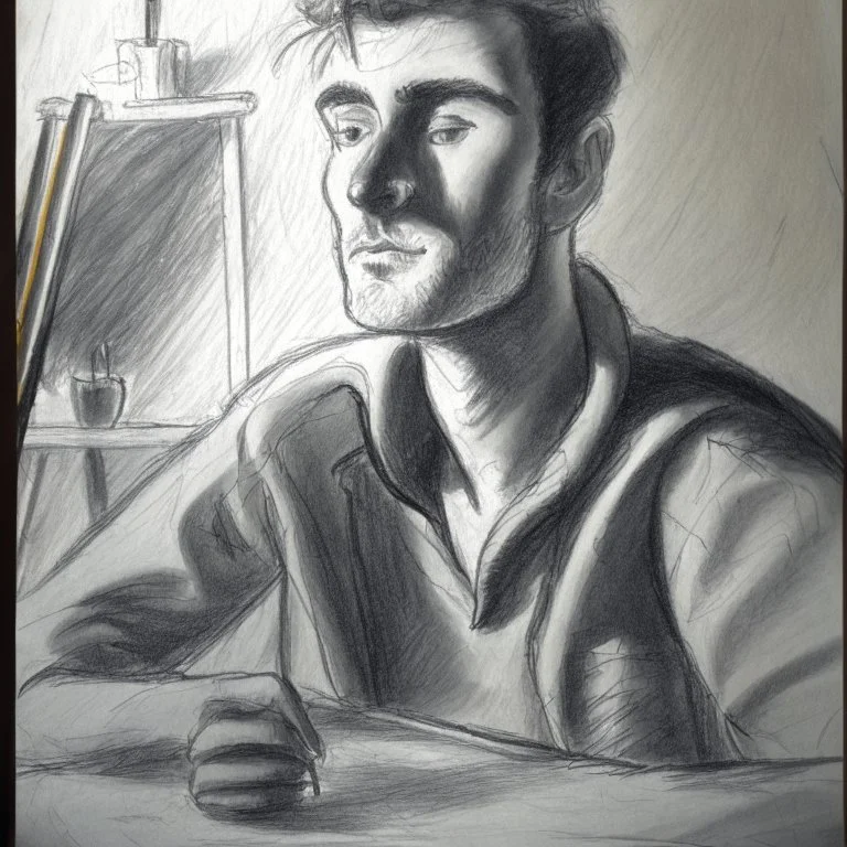 Portrait drawing of a man in a art studio