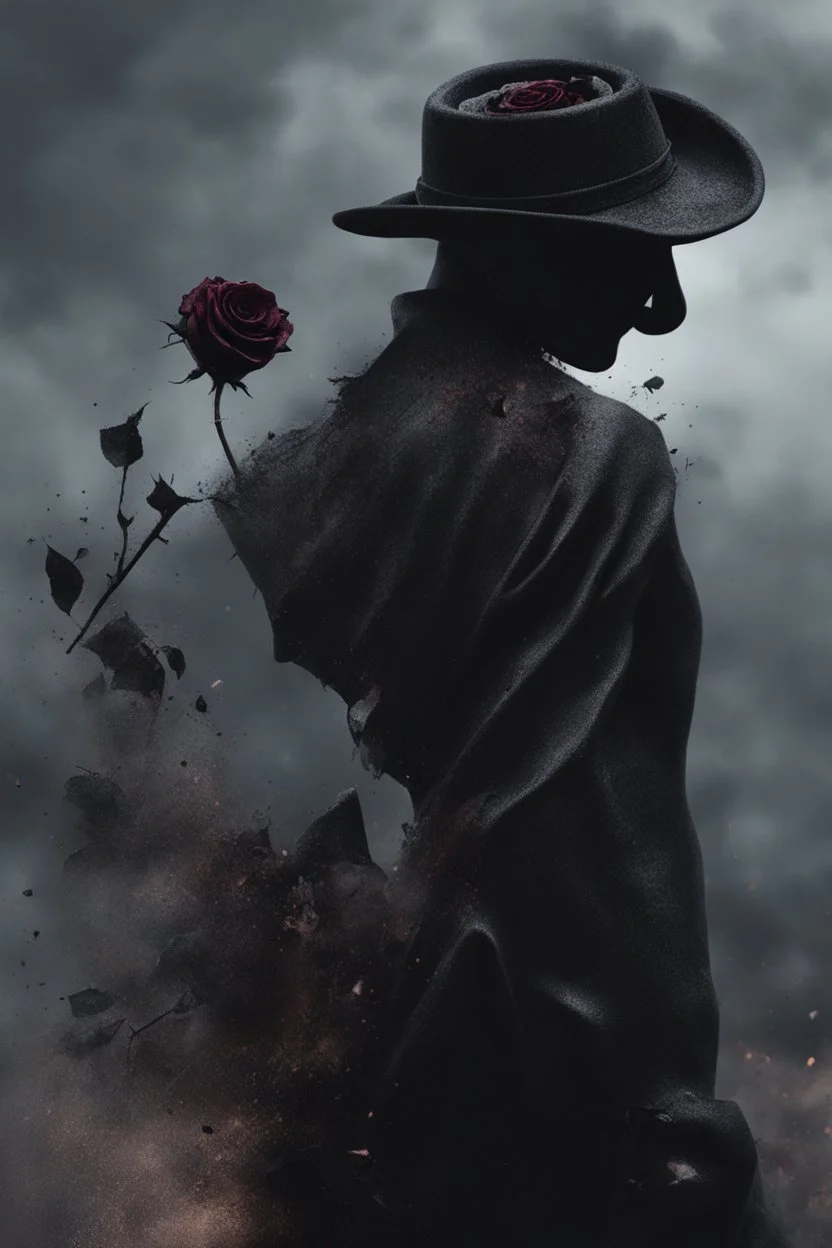 Close up of a broken man crushing a black rose and blowing the ashes In the wind, highly realistic, Gothic, sad, 8k quality, abstract background