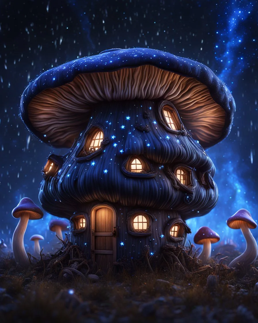 An illogically floating mushroom house on a clear night. white blue black, Stars Dark cosmic interstellar. Detailed Matte Painting, deep color, fantastical, intricate detail, splash screen, hyperdetailed, insane depth, concept art, 8k resolution, trending on Artstation, Unreal Engine 5, color depth, backlit, splash art, dramatic, High Quality Whimsical Fun Imaginative Bubbly, perfect composition