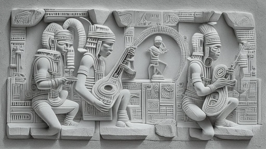 futuristic, realistic,tecno musicians, mayan drawings on white stone