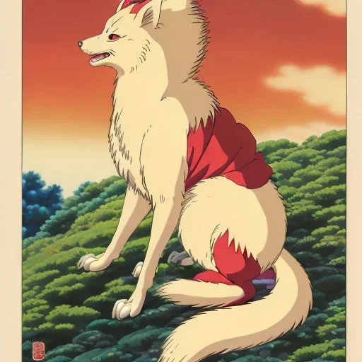 traditional Japanese art, kitsune, 9 tailed fox